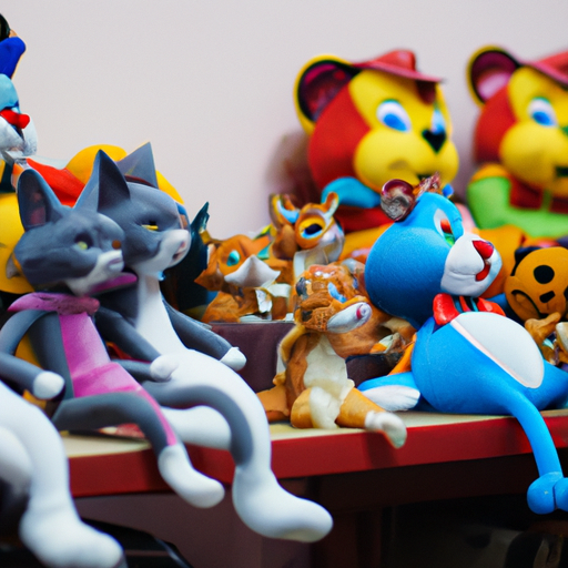 תצוגה צבעונית של דמויות פעולה שונות של טום וג'רי וצעצועי קטיפה